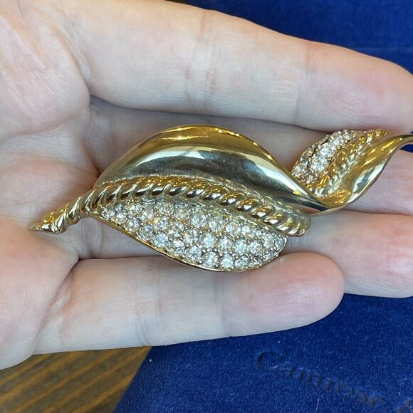 Vintage GEM CRAFT Brooch Pin Mid Century Rhinestones Extra Large Curved Leaf - Picture 8 of 11